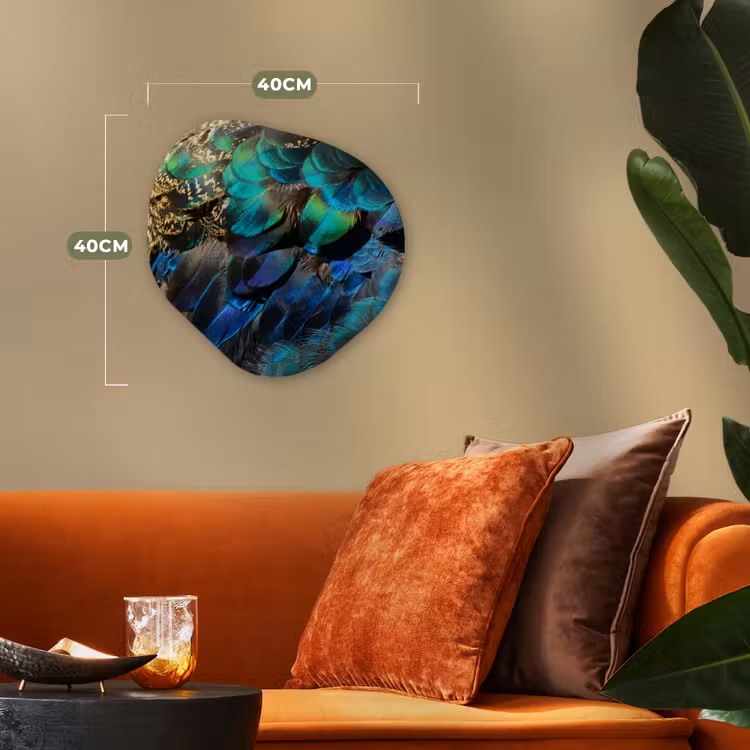 Veren - Pauwveren - Pauw - Blauw - Kunst Wandcirkel Organisch Forex 3mm klein -sfeer3