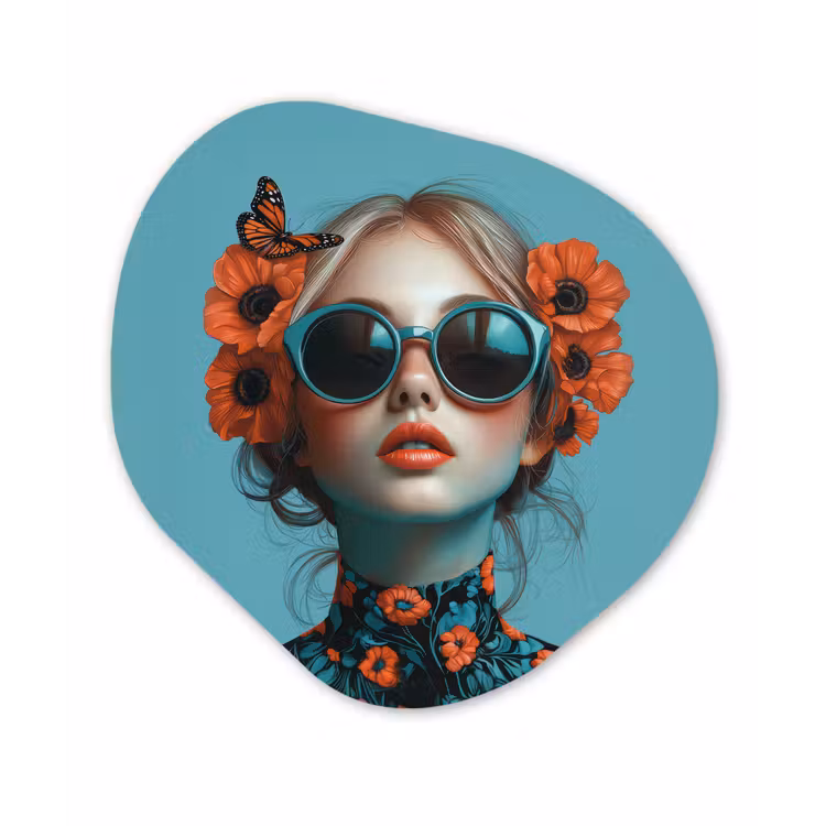 Vrouw - Blauw - Vlinder - Bloemen - Aesthetic Wandcirkel Organisch Forex 3mm klein -3d