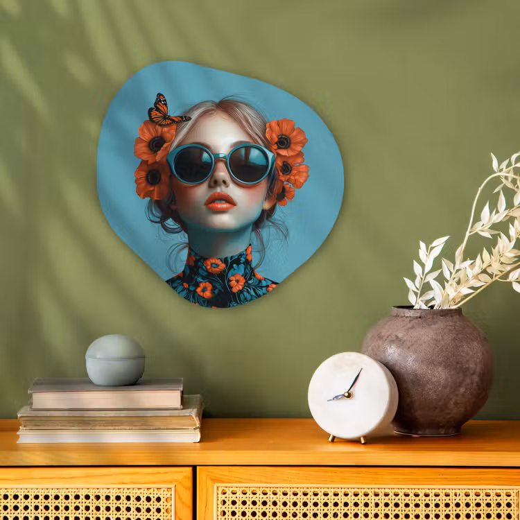 Vrouw - Blauw - Vlinder - Bloemen - Aesthetic Wandcirkel Organisch Forex 3mm klein -sfeer2