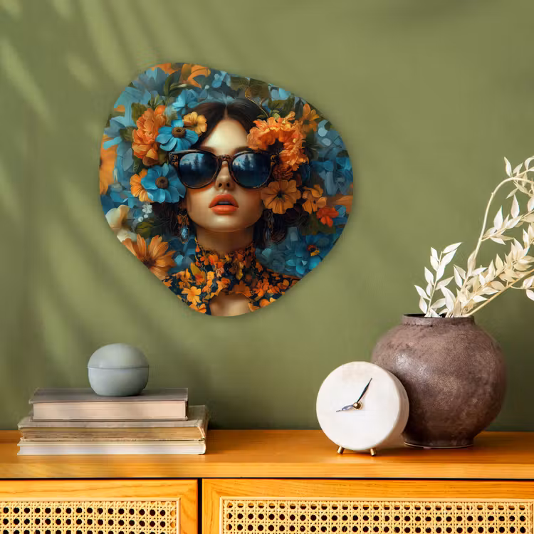Vrouw - Bloemen - Oranje - Blauw - Modern Wandcirkel Organisch Forex 3mm klein -sfeer2
