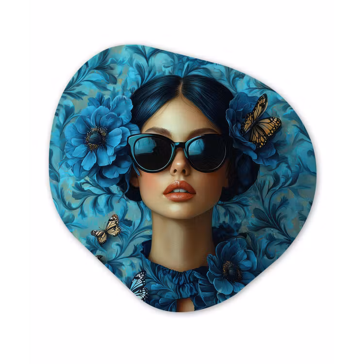Vrouw - Bloemen - Vlinders - Blauw - Abstract Wandcirkel Organisch Forex 3mm klein -3d