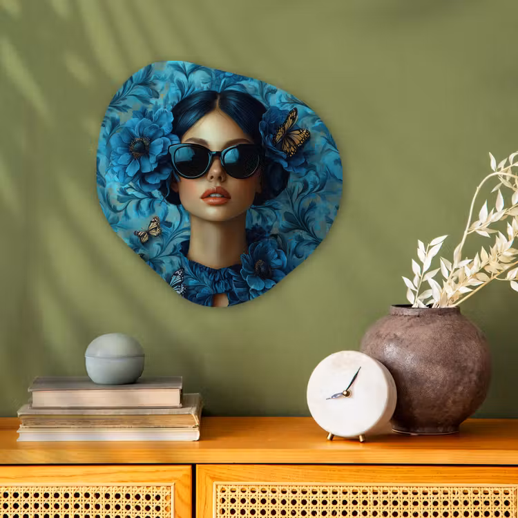 Vrouw - Bloemen - Vlinders - Blauw - Abstract Wandcirkel Organisch Forex 3mm klein -sfeer2