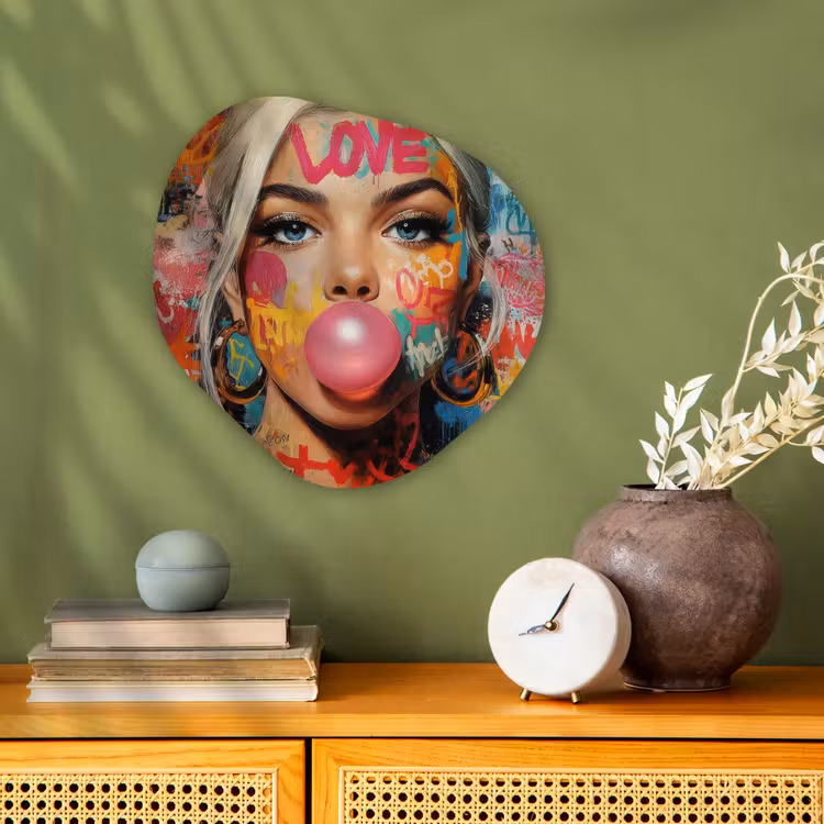 Vrouw - Kauwgom - Graffiti - Love Wandcirkel Organisch Forex 3mm klein -sfeer2