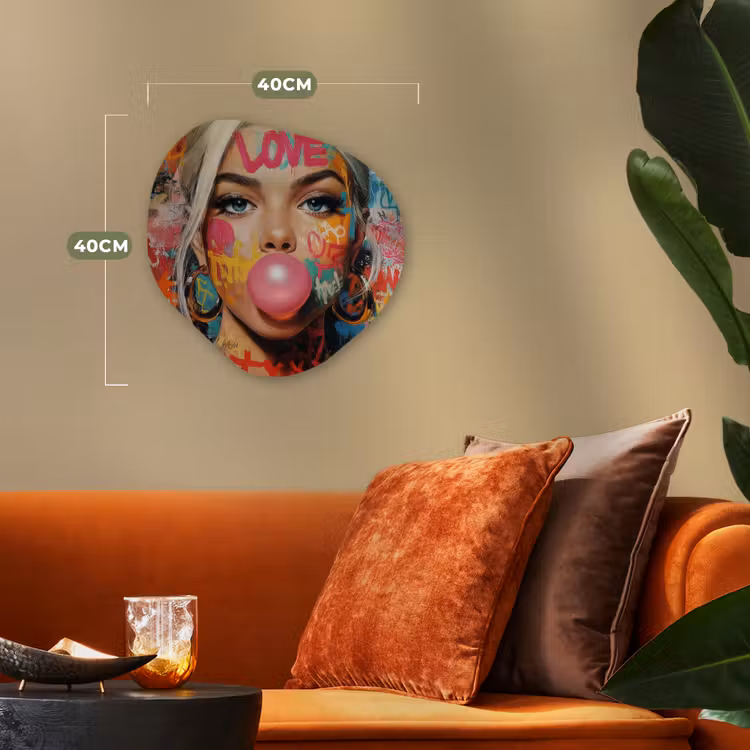 Vrouw - Kauwgom - Graffiti - Love Wandcirkel Organisch Forex 3mm klein -sfeer3