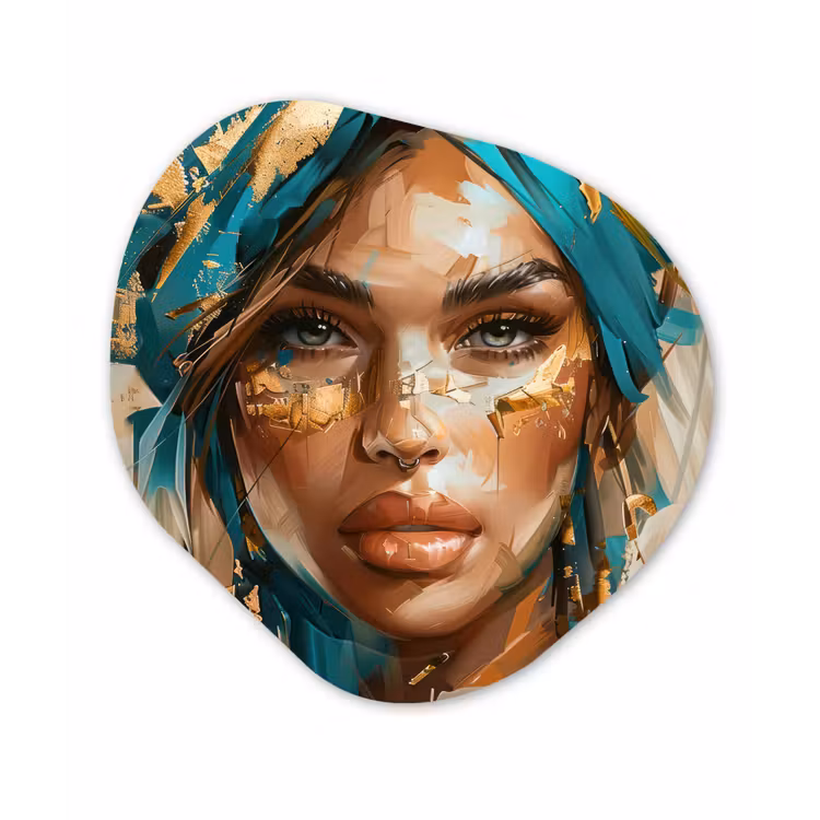 Vrouw - Portret - Goud - Luxe - Blauw Wandcirkel Organisch Forex 3mm klein -3d