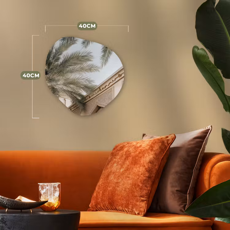 Gebouw - Palmbomen - Beige - Zon Wandcirkel Organisch Forex 3mm klein -sfeer3