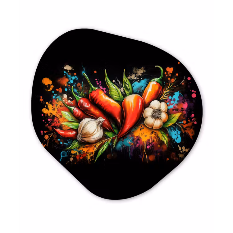 Groente - Peper - Knoflook - Graffiti - Verf - Kleurrijk Wandcirkel Organisch Forex 3mm klein -3d