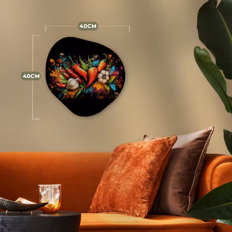 Groente - Peper - Knoflook - Graffiti - Verf - Kleurrijk Wandcirkel Organisch Forex 3mm klein -sfeer3