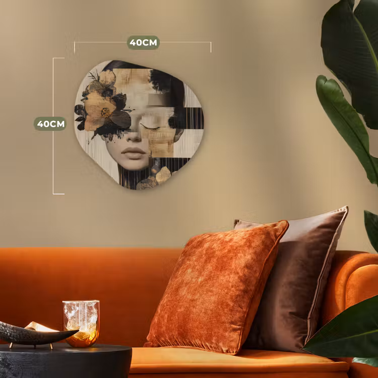 Gezicht - Bloemen - Zwart - Vrouw Wandcirkel Organisch Forex 3mm klein -sfeer3
