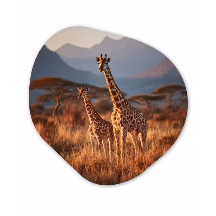 Giraffen - Hoog gras - Acaciabomen Wandcirkel Organisch Forex 3mm klein -3d