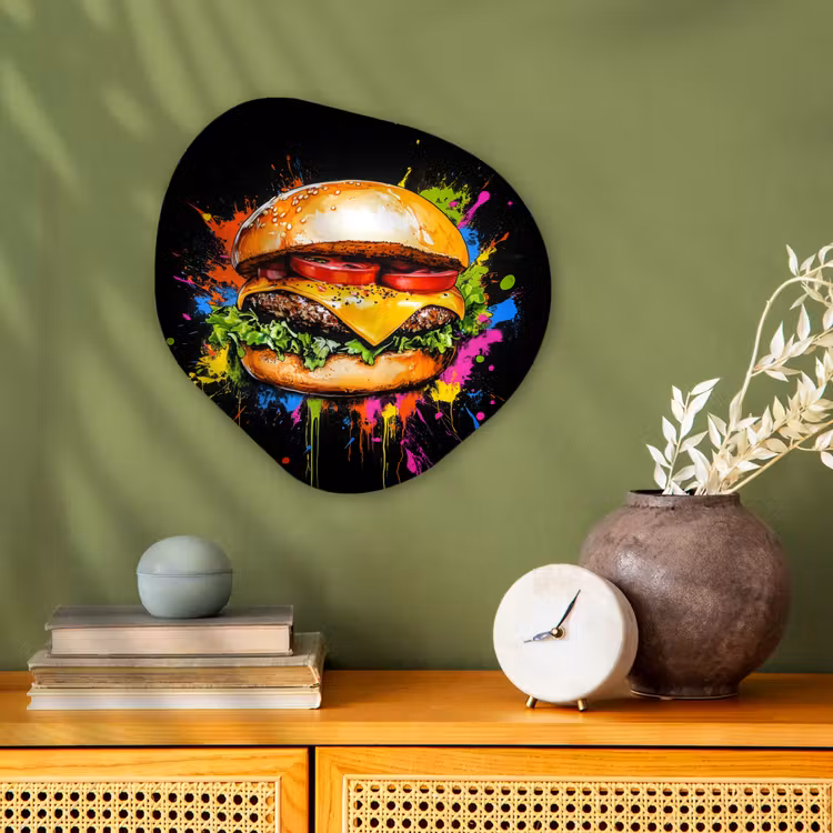 Hamburger - Graffiti - Verf - Kleurrijk - Eten - Abstract Wandcirkel Organisch Forex 3mm klein -sfeer2