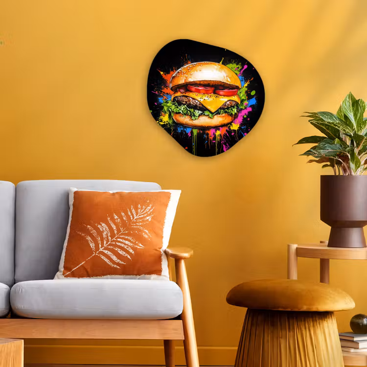 Hamburger - Graffiti - Verf - Kleurrijk - Eten - Abstract Wandcirkel Organisch Forex 3mm klein -sfeer4