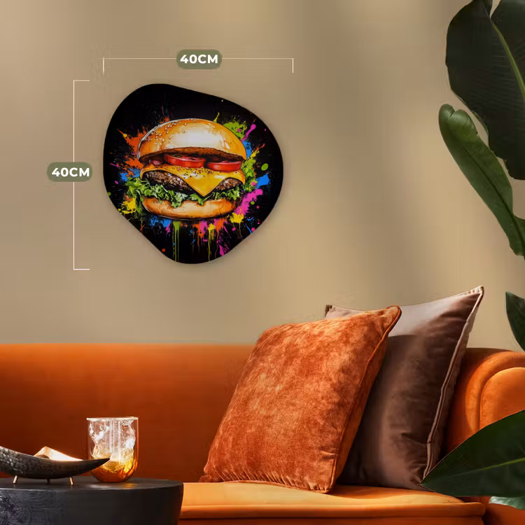 Hamburger - Graffiti - Verf - Kleurrijk - Eten - Abstract Wandcirkel Organisch Forex 3mm klein -sfeer3