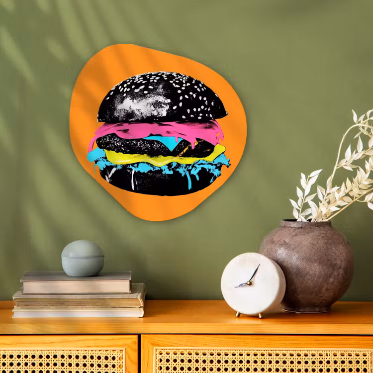 Hamburger - Oranje - Neon - popart Wandcirkel Organisch Forex 3mm klein -sfeer2