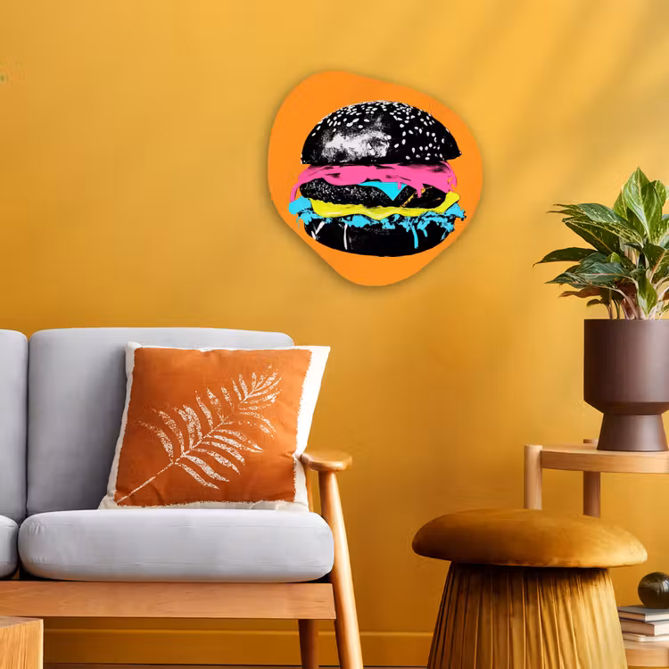 Hamburger - Oranje - Neon - popart Wandcirkel Organisch Forex 3mm klein -sfeer4