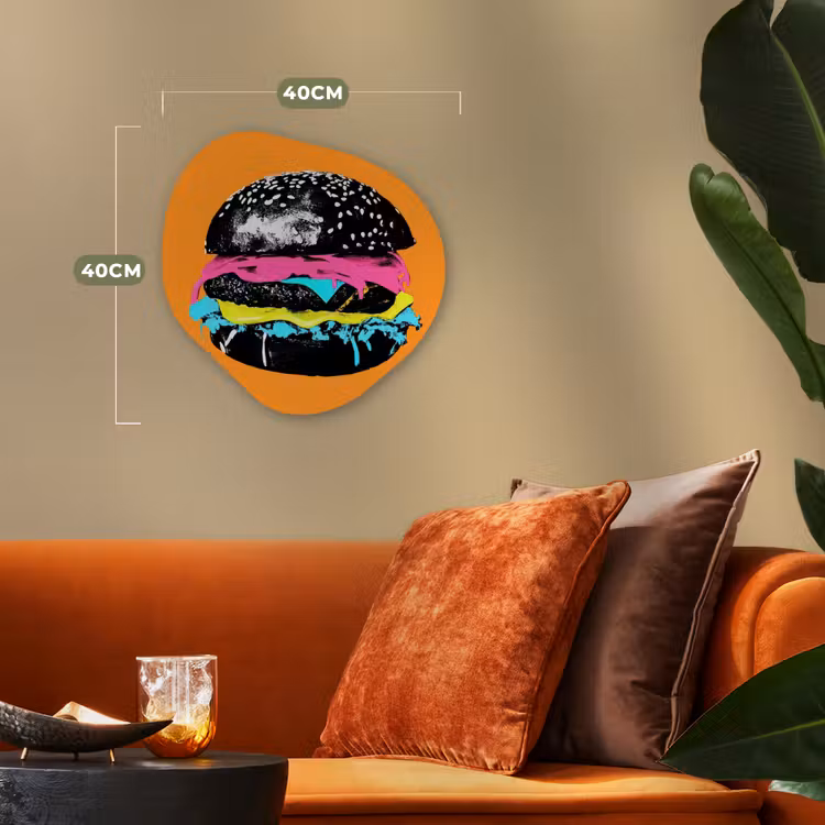 Hamburger - Oranje - Neon - popart Wandcirkel Organisch Forex 3mm klein -sfeer3