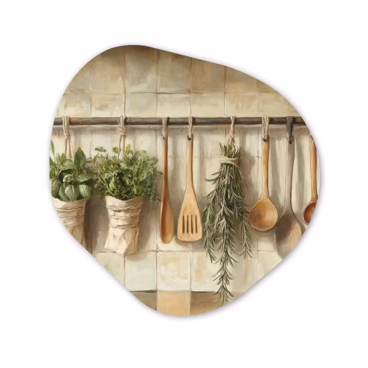 Hout - Keukengerei - Stilleven - Tegels Wandcirkel Organisch Forex 3mm klein -3d