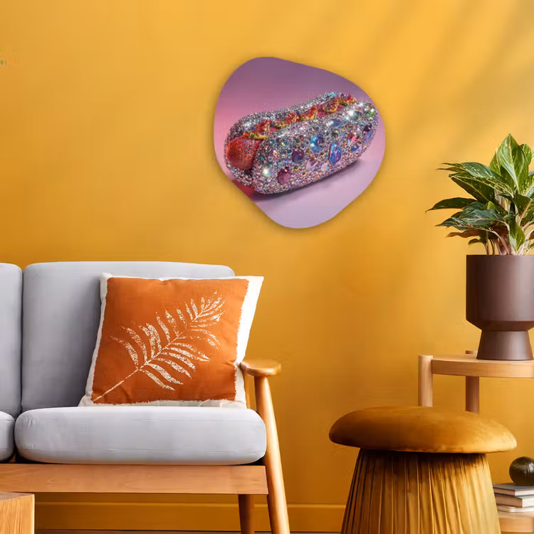 Hotdog - Steentjes - Glitters - Paars Wandcirkel Organisch Forex 3mm klein -sfeer4