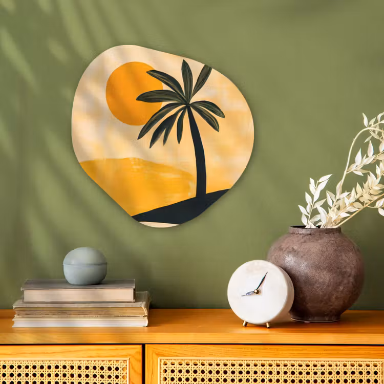 Illustratie - Palmboom - Zon - Heuvels Wandcirkel Organisch Forex 3mm klein -sfeer2