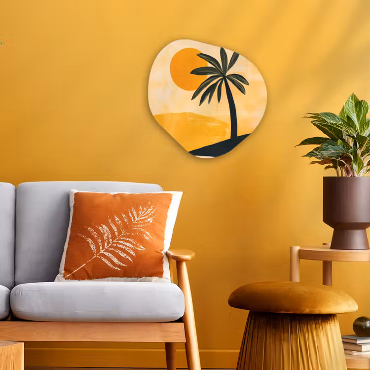 Illustratie - Palmboom - Zon - Heuvels Wandcirkel Organisch Forex 3mm klein -sfeer4