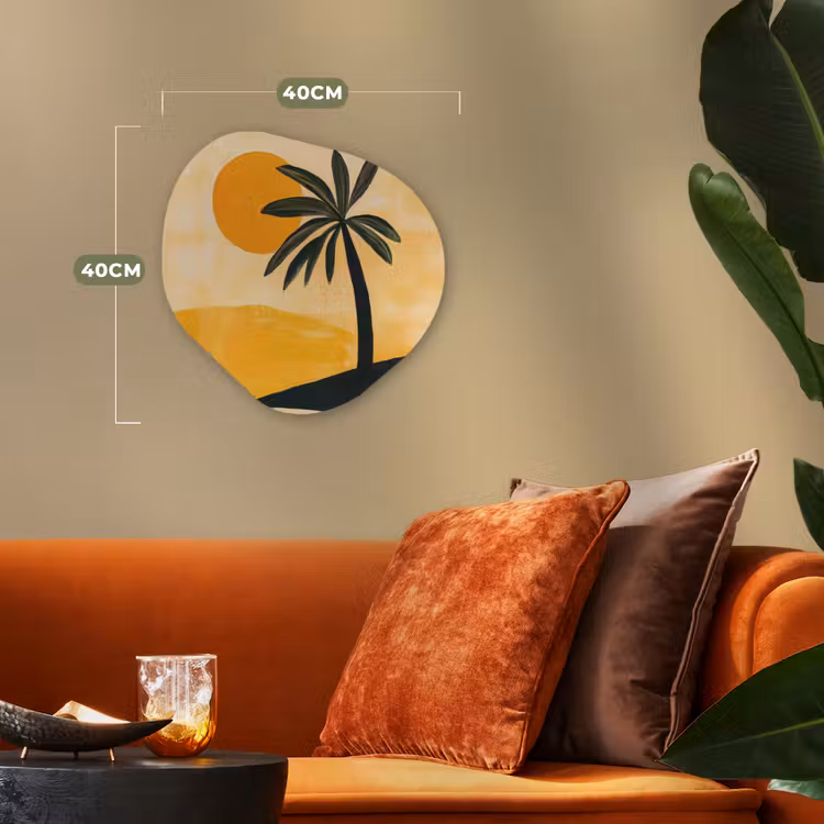 Illustratie - Palmboom - Zon - Heuvels Wandcirkel Organisch Forex 3mm klein -sfeer3
