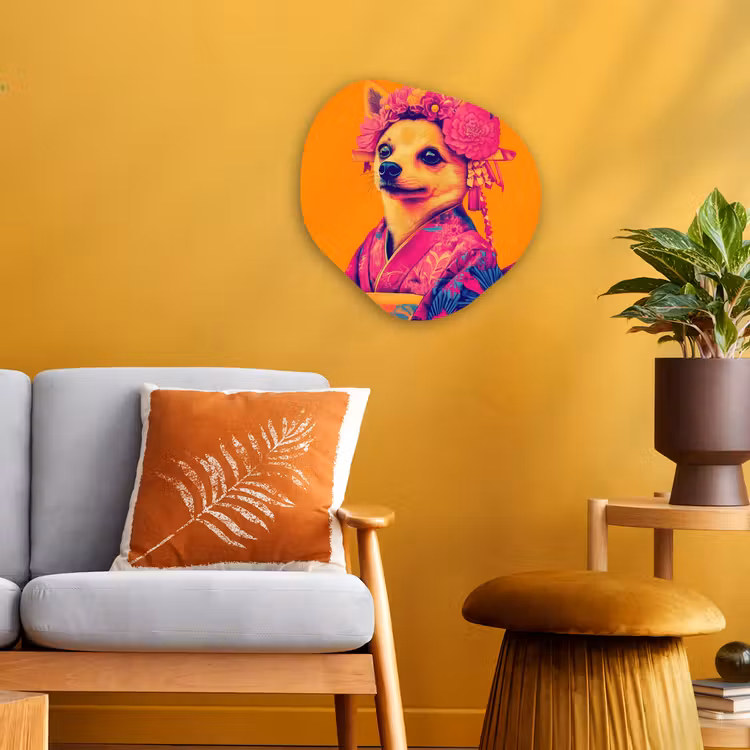 Kimono - Hondje - Bloemenkroon - Oranje Wandcirkel Organisch Forex 3mm klein -sfeer4