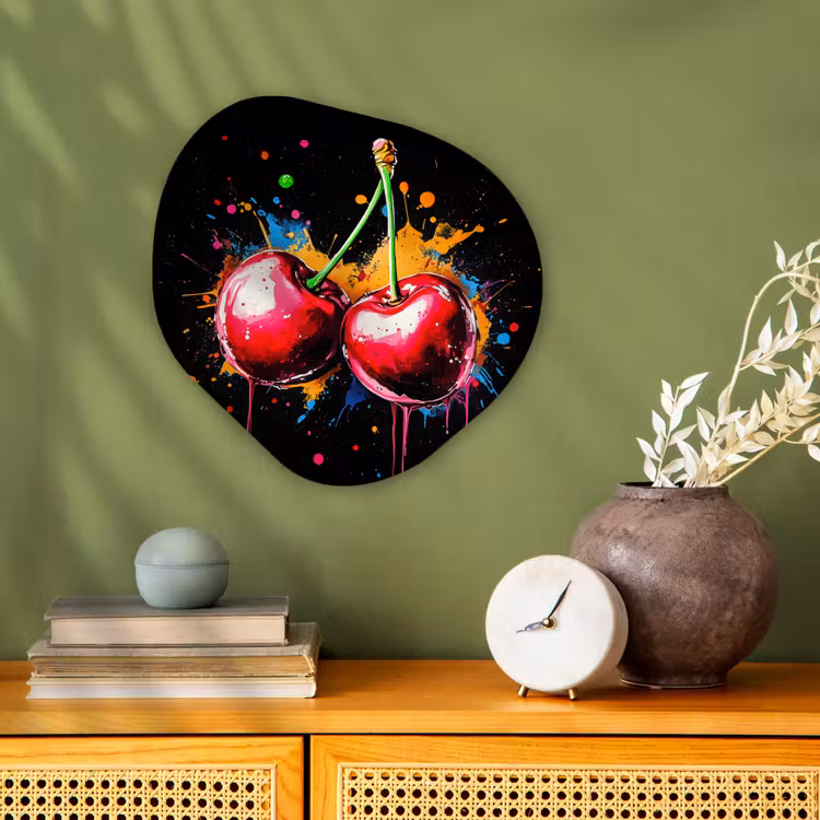 Kersen - Fruit - Graffiti - Verf - Abstract - Modern - Kleurrijk Wandcirkel Organisch Forex 3mm klein -sfeer2