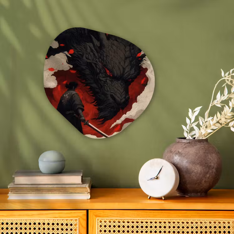 Krijger - Draak - Zwart - Rood - Rook Wandcirkel Organisch Forex 3mm klein -sfeer2