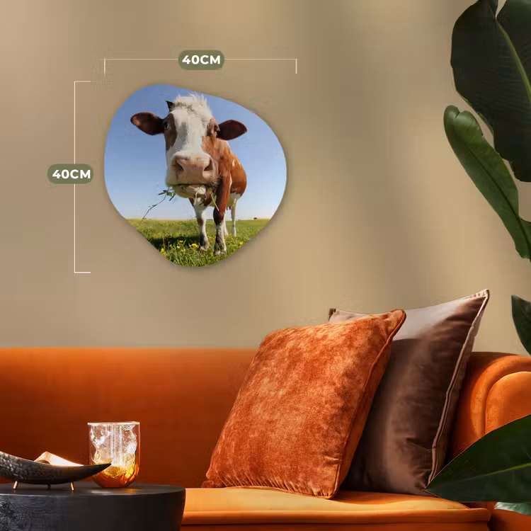 Koe - Dieren - Bloemen - Gras Wandcirkel Organisch Forex 3mm klein -sfeer3