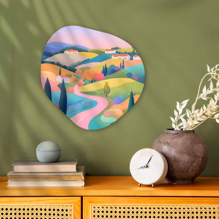 Landschap - Paars - Pastel - Huizen Wandcirkel Organisch Forex 3mm klein -sfeer2