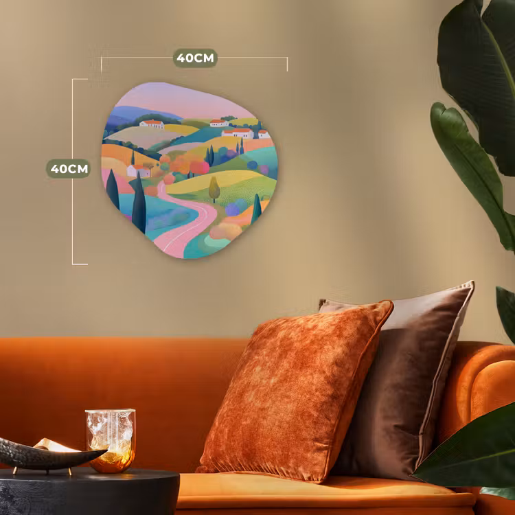 Landschap - Paars - Pastel - Huizen Wandcirkel Organisch Forex 3mm klein -sfeer3