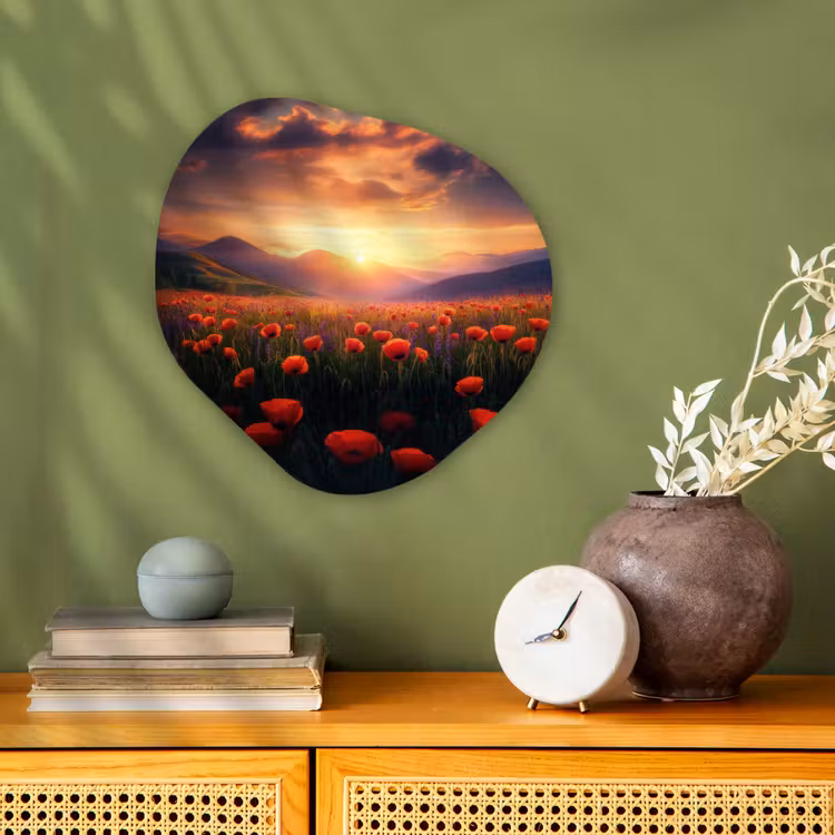 Landschap - Zonsondergang - Bloemenveld Wandcirkel Organisch Forex 3mm klein -sfeer2
