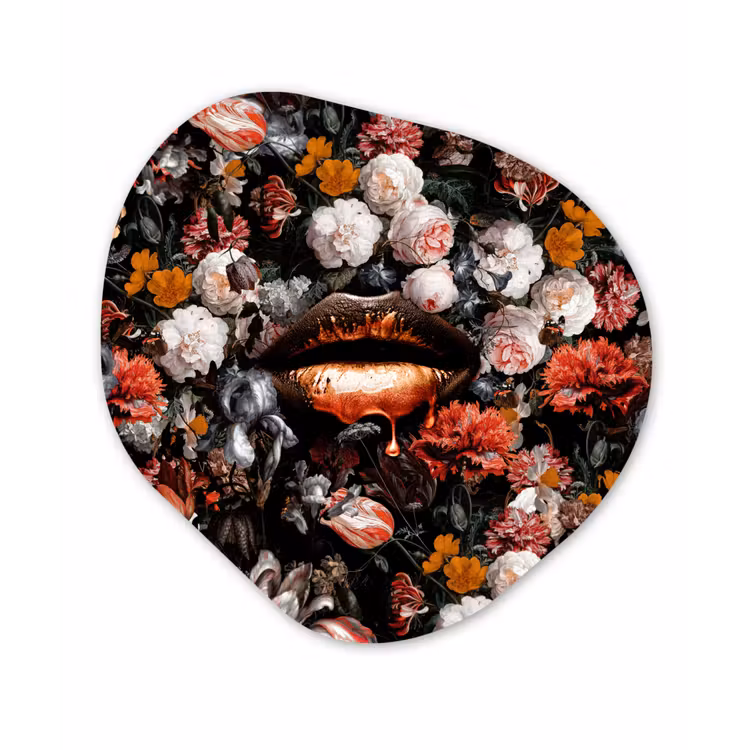 Lippen - Bloemen - Verf - Oranje - Kunst - Abstract - Oude meesters Wandcirkel Organisch Forex 3mm klein -3d