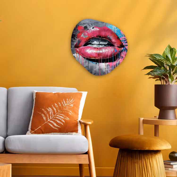 Lippen - Felroze - Graffiti - Verfstrepen Wandcirkel Organisch Forex 3mm klein -sfeer4
