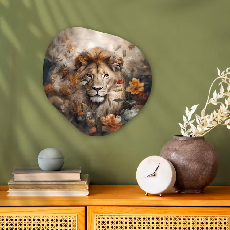 Leeuw - Wilde dieren - Planten - Natuur - Bloemen Wandcirkel Organisch Forex 3mm klein -sfeer2