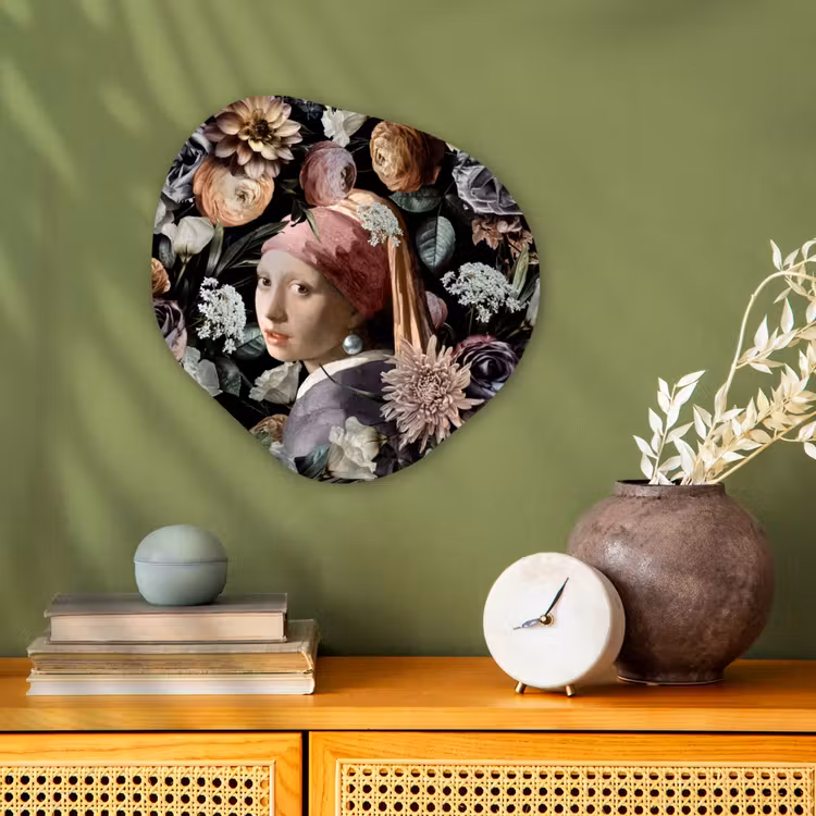 Meisje met de parel - Bloemen - Vermeer - Pastel - Kunstwerk - Schilderij - Oude meesters Wandcirkel Organisch Forex 3mm klein -sfeer2
