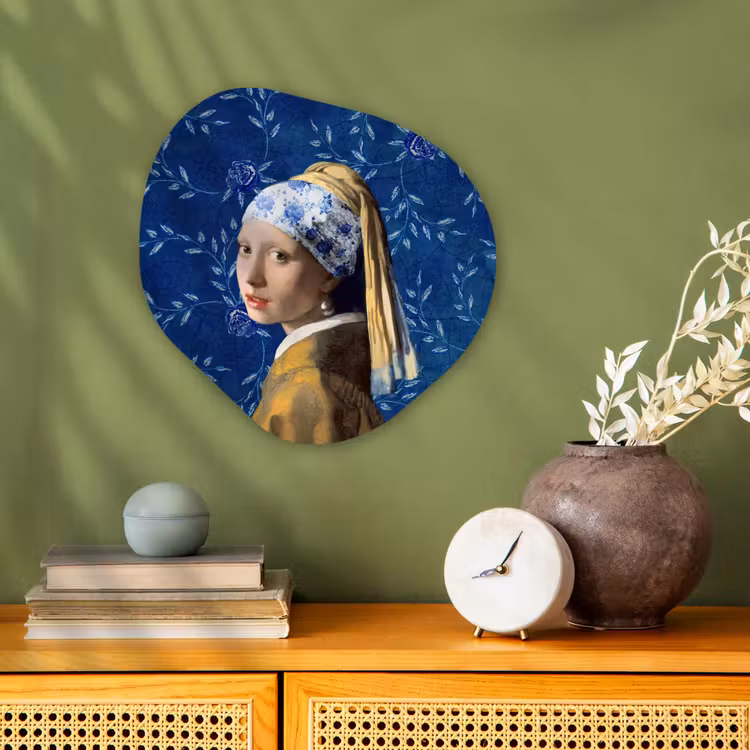 Meisje met de parel - Delfts blauw - Vermeer - Bloemen - Schilderij - Oude meesters Wandcirkel Organisch Forex 3mm klein -sfeer2
