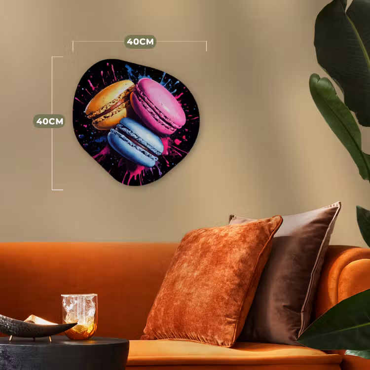 Macarons - Dessert - Graffiti - Kleurrijk - Roze - Blauw - Geel Wandcirkel Organisch Forex 3mm klein -sfeer3