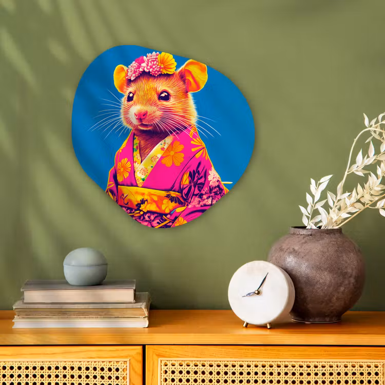 Muis - Kimono - Bloemen - Blauw Wandcirkel Organisch Forex 3mm klein -sfeer2