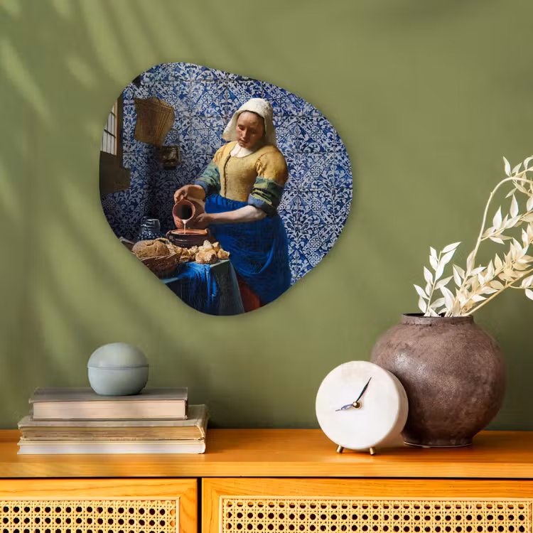 Melkmeisje - Delfts Blauw - Vermeer - Schilderij - Oude meesters Wandcirkel Organisch Forex 3mm klein -sfeer2