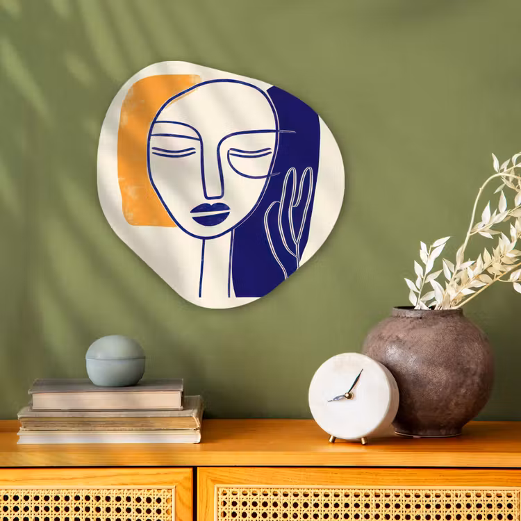 Minimalistisch - Gezicht - Hand - Oranje - Blauw Wandcirkel Organisch Forex 3mm klein -sfeer2