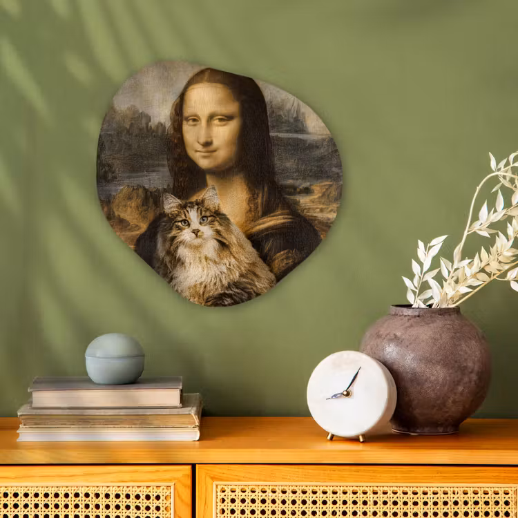Mona Lisa - Kat - Leonardo da Vinci - Vintage - Kunstwerk - Oude meesters - Schilderij Wandcirkel Organisch Forex 3mm klein -sfeer2
