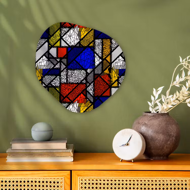 Mondriaan - Glas in lood - Oude Meesters - Kunstwerk - Abstract - Schilderij Wandcirkel Organisch Forex 3mm klein -sfeer2