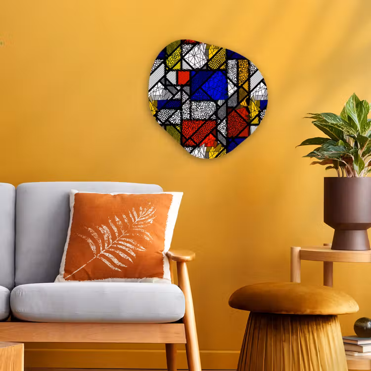 Mondriaan - Glas in lood - Oude Meesters - Kunstwerk - Abstract - Schilderij Wandcirkel Organisch Forex 3mm klein -sfeer4