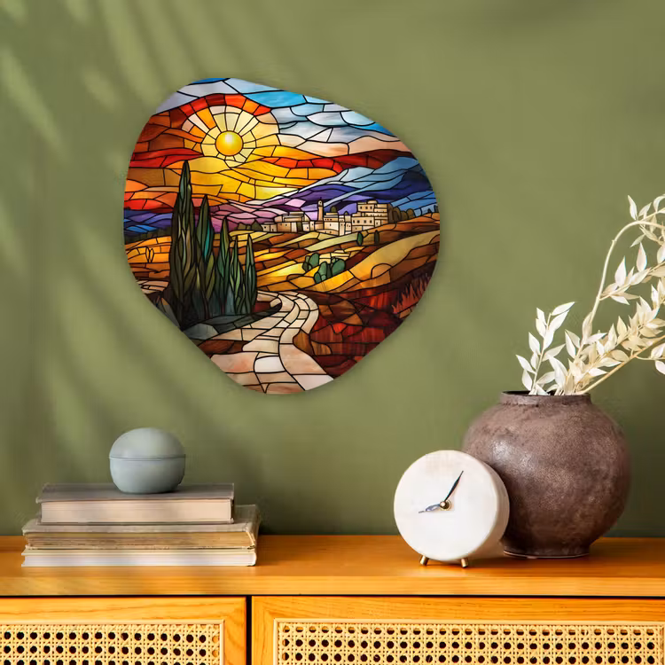 Mozaïek - Zon - Landschap - Dorp Wandcirkel Organisch Forex 3mm klein -sfeer2