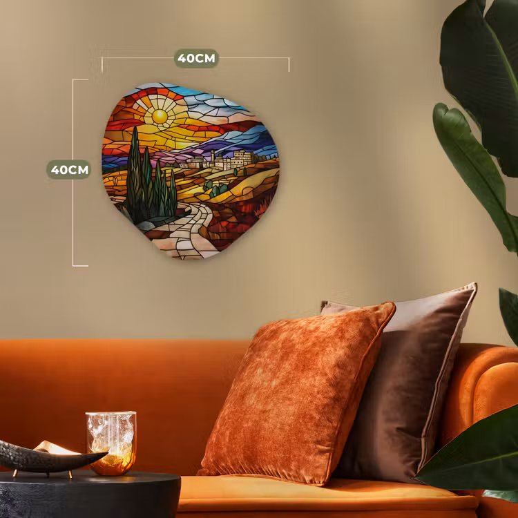 Mozaïek - Zon - Landschap - Dorp Wandcirkel Organisch Forex 3mm klein -sfeer3