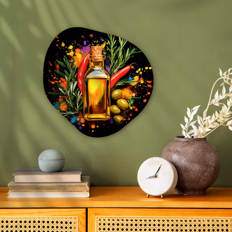 Olijfolie - Graffiti - Peper - Olijven - Modern Wandcirkel Organisch Forex 3mm klein -sfeer2