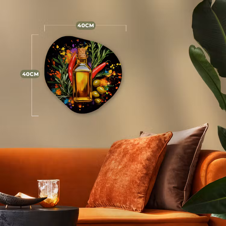 Olijfolie - Graffiti - Peper - Olijven - Modern Wandcirkel Organisch Forex 3mm klein -sfeer3