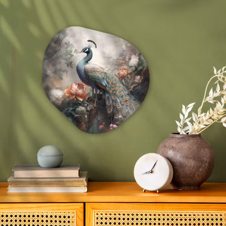 Pauw - Pauwenveren - Vogel - Jungle - Bloemen Wandcirkel Organisch Forex 3mm klein -sfeer2