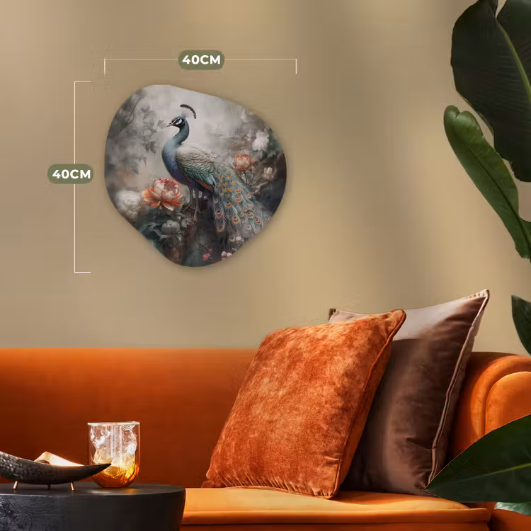 Pauw - Pauwenveren - Vogel - Jungle - Bloemen Wandcirkel Organisch Forex 3mm klein -sfeer3